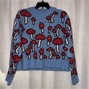 Zara Blue Sweater with Red Mushroom Design
